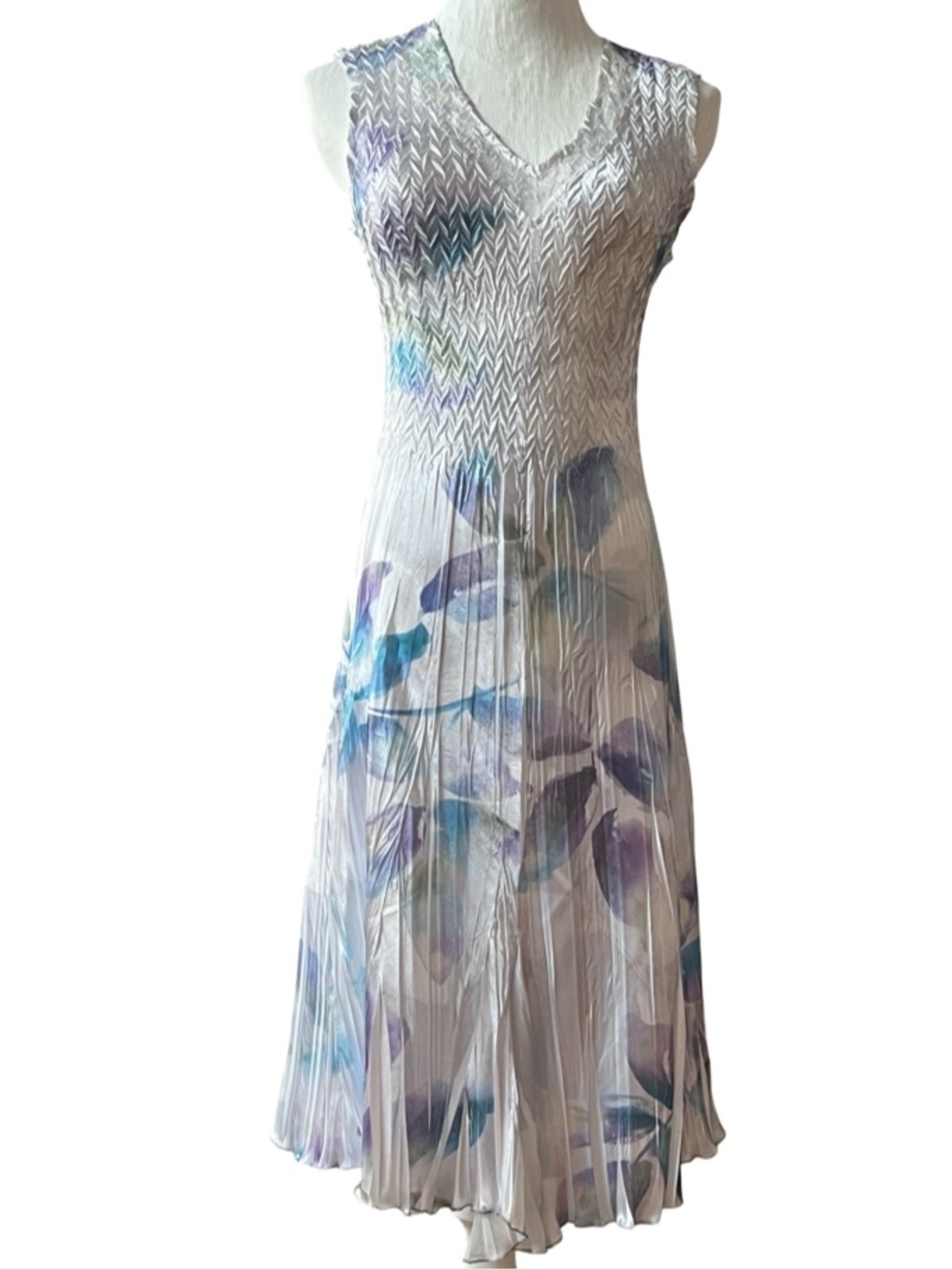 Komarov V-Neck Watercolor Blue & Purple Leaf Dress with Jacket Size Small